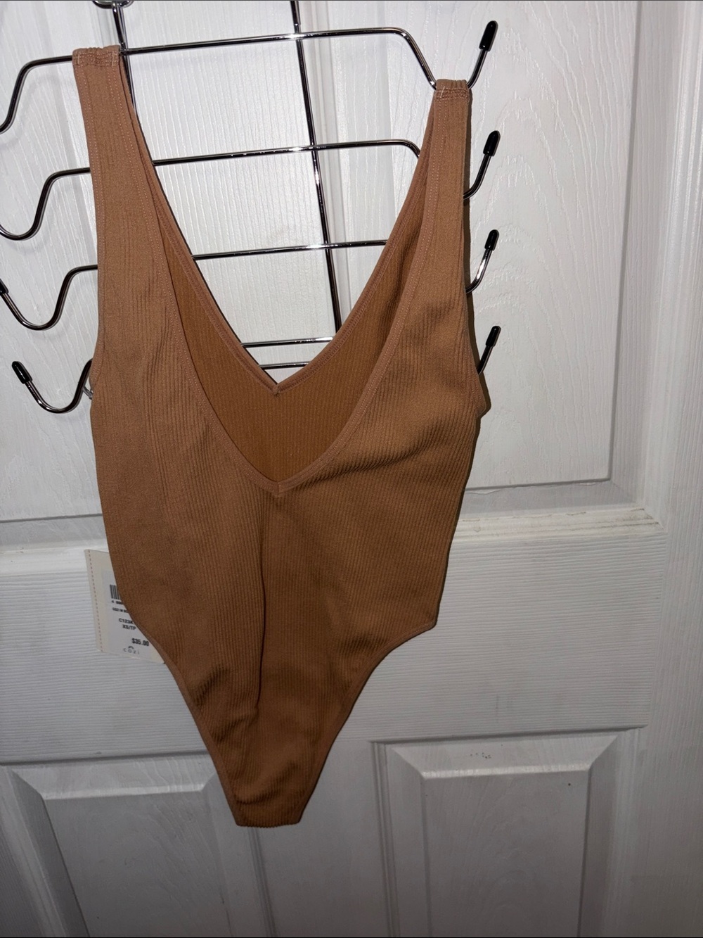 Ribbed V-Neck Shapewear Bodysuit in Tan